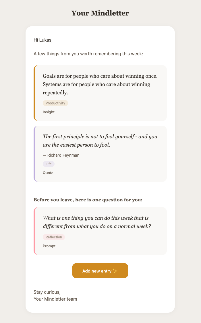 Preview of the weekly Mindletter email showing saved insights, quotes, and a reflection prompt